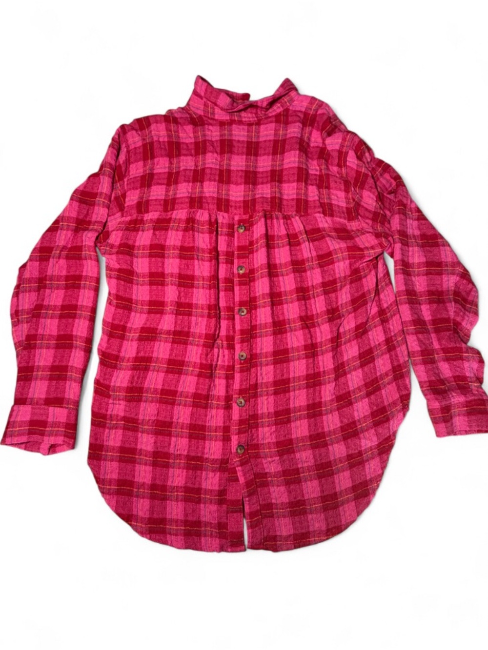 Anthropologie Isadora Plaid Flannel Tunic M Pink Red Button Back Oversized - Picture 5 of 6